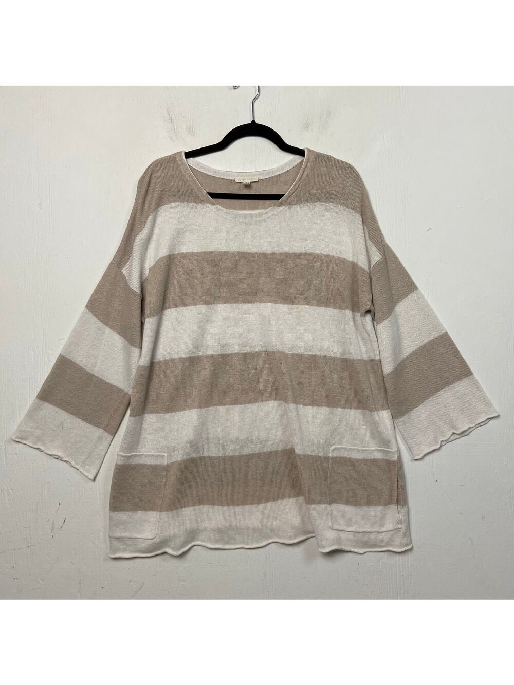 Eileen Fisher Cream Beige Wide Stripe Linen Pullover Lightweight Sweater XL